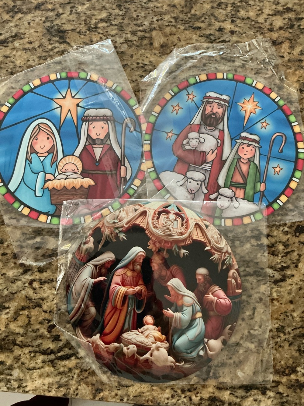 3. Holiday Nativity Wreath Signs Decorative Plates - Blue and Multicolor